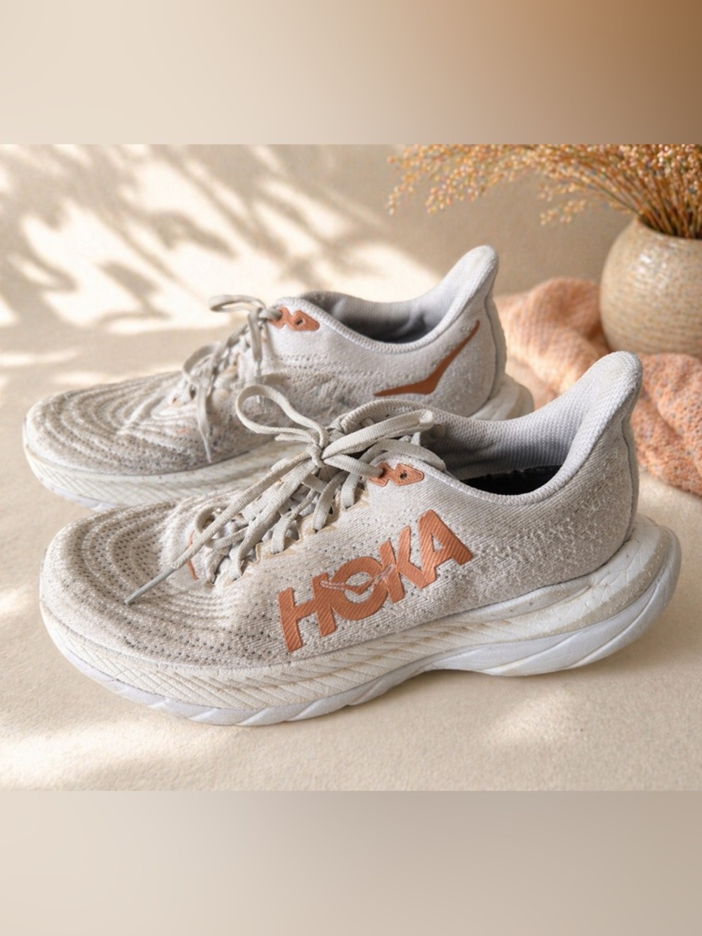 Hoka Neutral Running Sneakers in Light Beige with Rose Gold Logos size 8